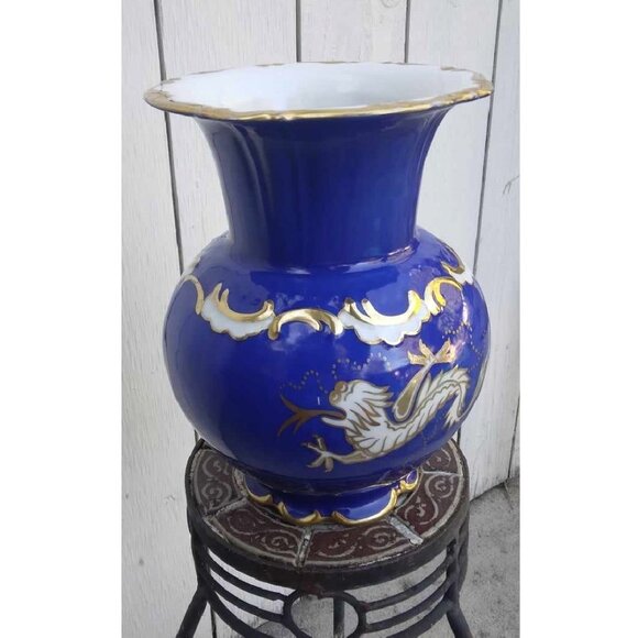Cobalt Blue Gold Gilded Porcelain Vase W/Hand Painted Dragons RW Rudolf Wachter - Picture 5 of 11